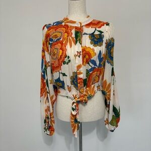 NWT Nicole Miller Floral Cropped Boho Blouse Sz M